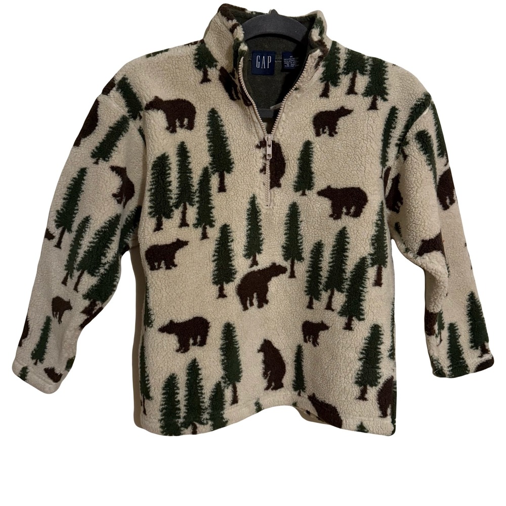 Gap Kids Fleece Pullover Jacket Bear Tree Print Cream Green Size Medium NEW
